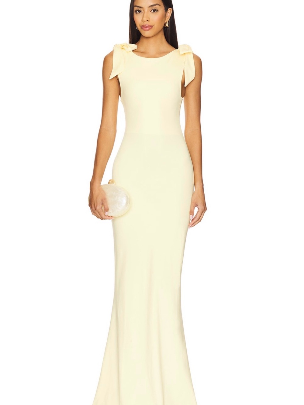 Scoop-Neck Cream Maxi Dress with Bow-Shoulder Detail